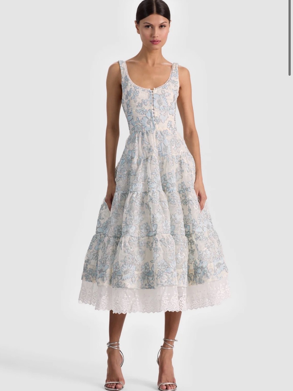Alice + Olivia CHARLOTTE EMBR LACE SCOOP NK TIERED ANKLE LENGTH DRESS